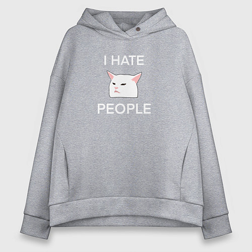 Женское худи оверсайз I hate people, текст с белым мемным котом / Меланж – фото 1