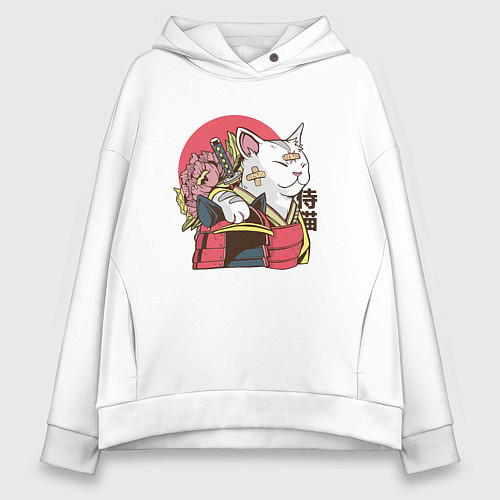 Женское худи оверсайз Котик Самурай Samurai Cat Japanese art / Белый – фото 1