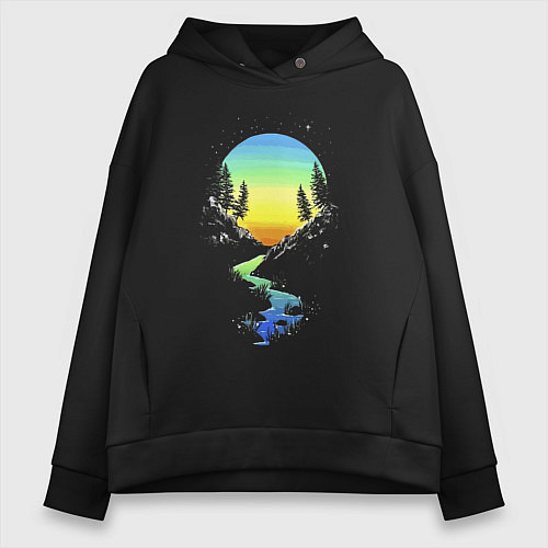 Женское худи оверсайз Заходящее солнце отражается в ручье The setting su / Черный – фото 1
