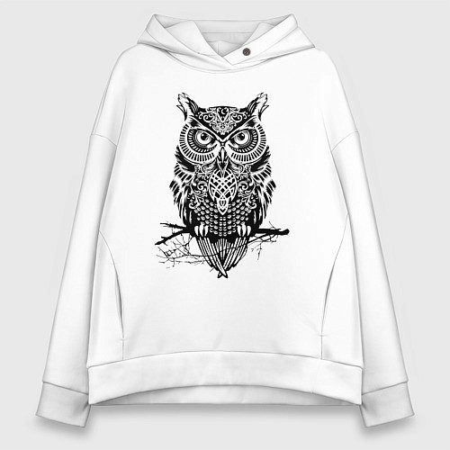 Женское худи оверсайз Черная сова в узорах / Белый – фото 1