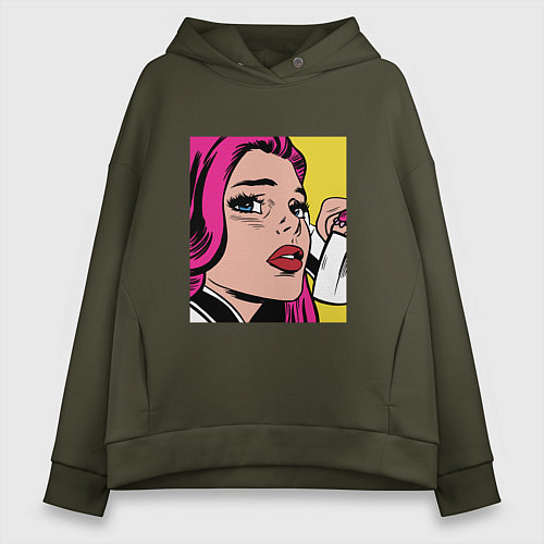 Женское худи оверсайз Девушка в стиле ПОП Арт Girl Pop Art / Хаки – фото 1