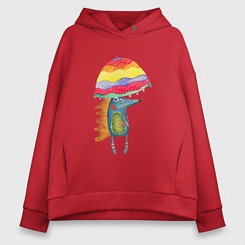 Женское худи оверсайз Ежик под зонтиком / Красный – фото 1
