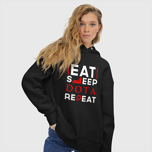 Женское худи оверсайз Надпись eat sleep Dota repeat / Черный – фото 3