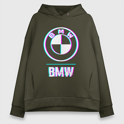Женское худи оверсайз Значок BMW в стиле glitch / Хаки – фото 1