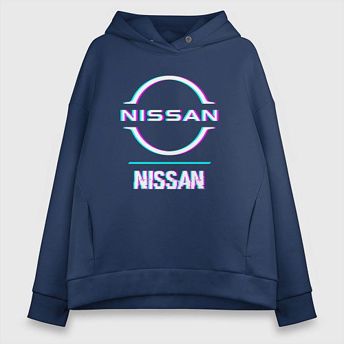 Женское худи оверсайз Значок Nissan в стиле glitch / Тёмно-синий – фото 1
