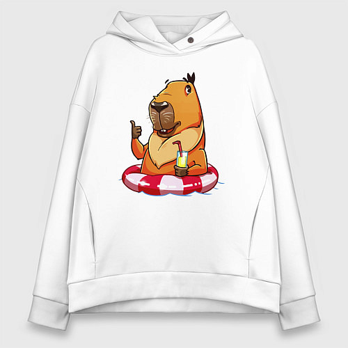 Женское худи оверсайз Капибара на пляже со стаканом сока / Белый – фото 1