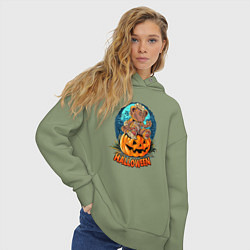 Толстовка оверсайз женская Halloween - Мишка на тыкве, цвет: авокадо — фото 2