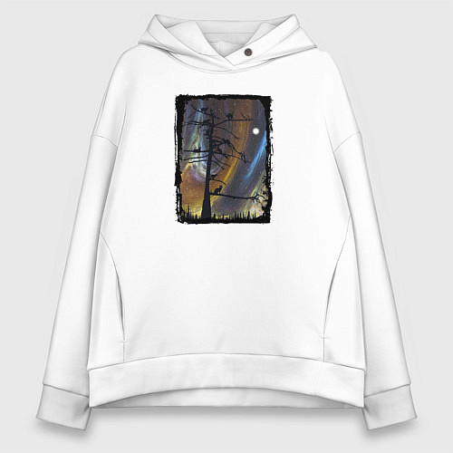 Женское худи оверсайз Кошки на дереве и северное сияние / Белый – фото 1