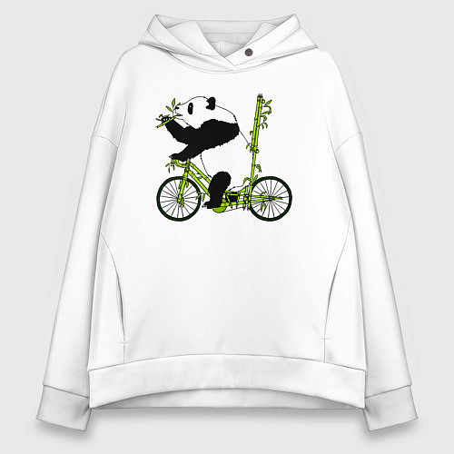 Женское худи оверсайз Панда на велосипеде с бамбуком / Белый – фото 1