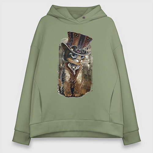 Женское худи оверсайз Прикольный котёнок в шляпе / Авокадо – фото 1