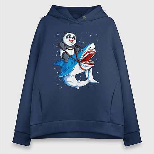 Женское худи оверсайз Панда верхом на акуле в космосе / Тёмно-синий – фото 1