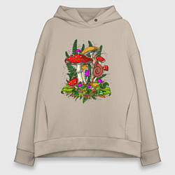 Толстовка оверсайз женская Мухоморы и улитка - инди кид, цвет: миндальный