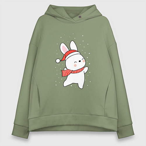 Женское худи оверсайз Кролик в шапке и шарфе арт / Авокадо – фото 1