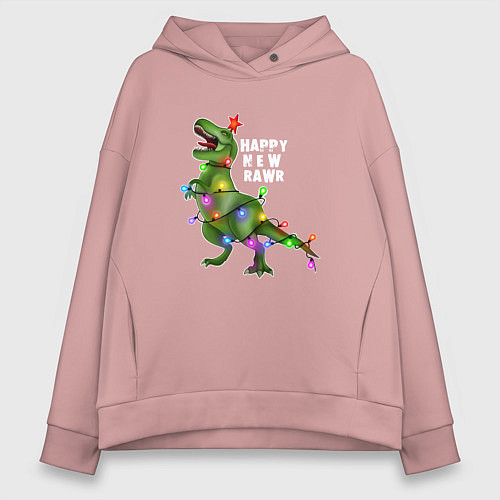 Женское худи оверсайз Новогодний динозавр елочка гори / Пыльно-розовый – фото 1