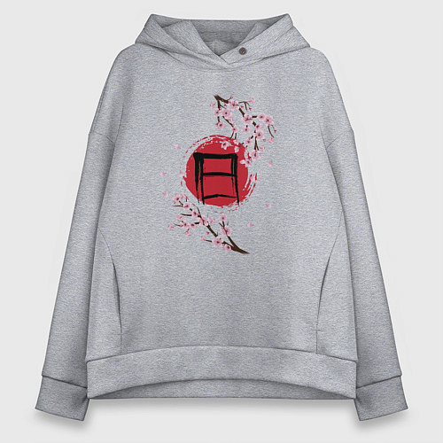 Женское худи оверсайз Цветущая сакура и красный круг с японским иероглиф / Меланж – фото 1