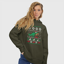 Толстовка оверсайз женская Новогодний тирекс - ugly sweater, цвет: хаки — фото 2