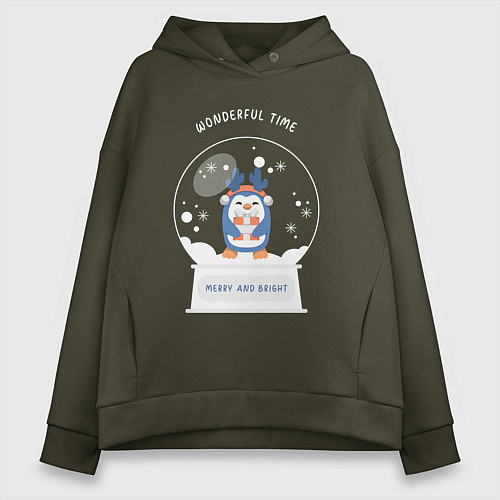 Женское худи оверсайз Пингвиненок в снежном шаре / Хаки – фото 1