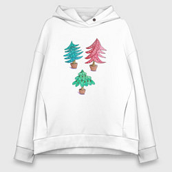 Толстовка оверсайз женская Разноцветные декоративные ели в горшках, цвет: белый