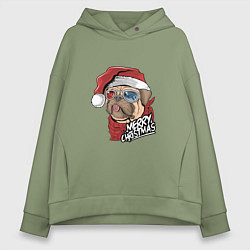 Толстовка оверсайз женская Pug merry christmas, цвет: авокадо