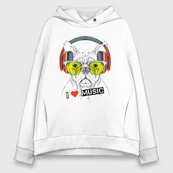 Толстовка оверсайз женская Бульдог в наушниках и очках, цвет: белый