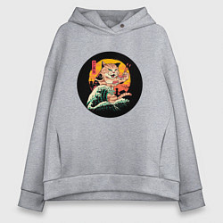 Толстовка оверсайз женская Большой японский кот с суши, цвет: меланж