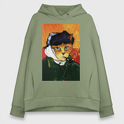 Толстовка оверсайз женская Кот Ван Гога портрет с отрезанным ухом - пародия, цвет: авокадо