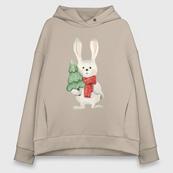 Толстовка оверсайз женская Зайчик с елкой, цвет: миндальный
