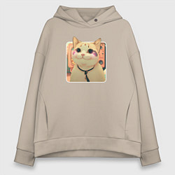Толстовка оверсайз женская Cat smiling meme art, цвет: миндальный