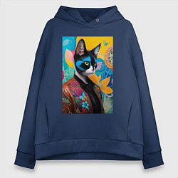 Толстовка оверсайз женская Модный котяра - нейросеть, цвет: тёмно-синий