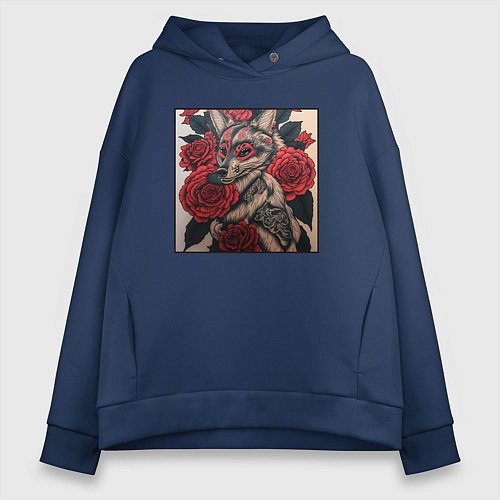 Женское худи оверсайз Irezumi - лиса в розах / Тёмно-синий – фото 1