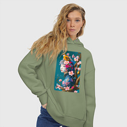 Толстовка оверсайз женская Девушка с птицей на фоне цветущей сакуры, цвет: авокадо — фото 2