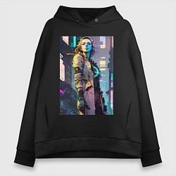 Толстовка оверсайз женская Девушка киборг, цвет: черный