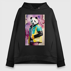 Толстовка оверсайз женская Панда в модной куртке - акварель, цвет: черный