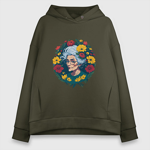 Женское худи оверсайз Модная бабушка в цветах / Хаки – фото 1