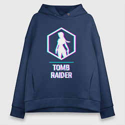 Толстовка оверсайз женская Tomb Raider в стиле glitch и баги графики, цвет: тёмно-синий