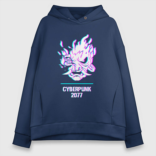 Женское худи оверсайз Cyberpunk 2077 в стиле glitch и баги графики / Тёмно-синий – фото 1