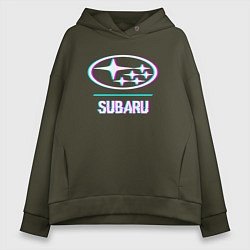 Толстовка оверсайз женская Значок Subaru в стиле glitch, цвет: хаки