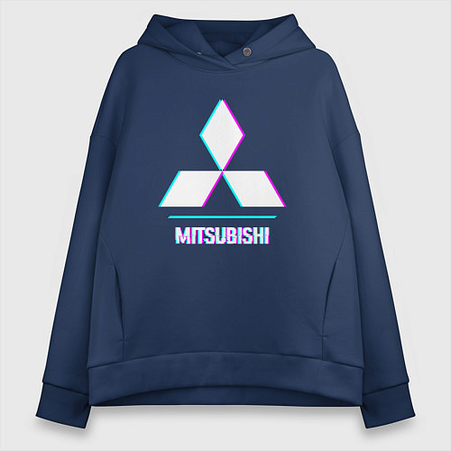 Женское худи оверсайз Значок Mitsubishi в стиле glitch / Тёмно-синий – фото 1