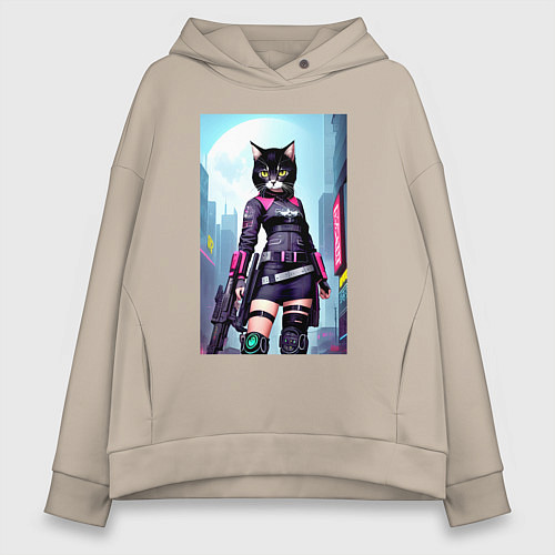 Женское худи оверсайз Крутая чёрная кошечка - киберпанк / Миндальный – фото 1