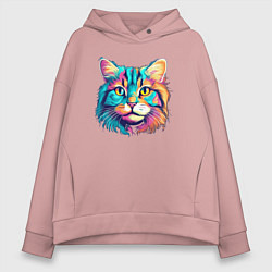Толстовка оверсайз женская Красивый кислотный кот улыбается, цвет: пыльно-розовый