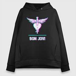Толстовка оверсайз женская Bon Jovi glitch rock, цвет: черный