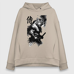Толстовка оверсайз женская Tiger samurai - hieroglyph - art, цвет: миндальный