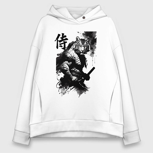 Женское худи оверсайз Tiger samurai - hieroglyph - art / Белый – фото 1