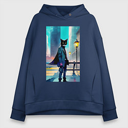 Толстовка оверсайз женская Кот модник - Нью-Йорк - акварель, цвет: тёмно-синий