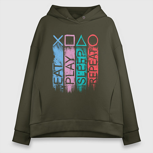 Женское худи оверсайз Ешь играй спи повтори / Хаки – фото 1