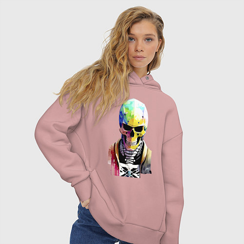 Женское худи оверсайз Skull - cyberpunk - watercolor / Пыльно-розовый – фото 3