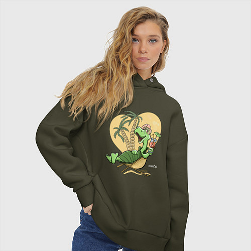 Женское худи оверсайз Черепаха на отдыхе, футболка хб / Хаки – фото 3