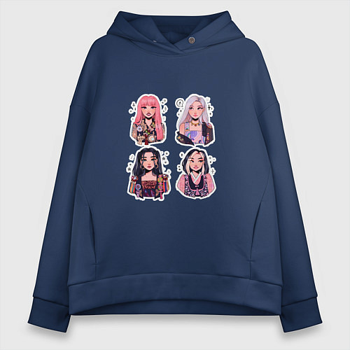 Женское худи оверсайз Участницы Блэк Пинк в виде стикеров / Тёмно-синий – фото 1