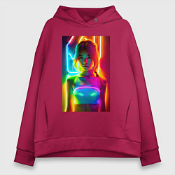 Толстовка оверсайз женская Japanese girl - neon glow - neural network, цвет: маджента
