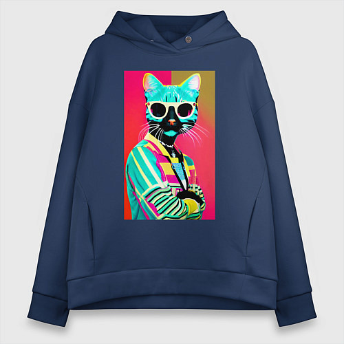 Женское худи оверсайз Cat in sunglasses - pop art / Тёмно-синий – фото 1